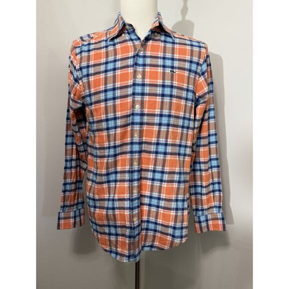 Vineyard Vines Men's S Orange Plaid Long Sleeve Button Down Slim Fit Whale Shirt - Picture 2 of 3